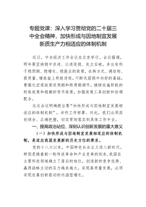 专题党课：深入学习贯彻党的二十届三中全会精神加快形成与因地制宜发展新质生产力相适应的体制机制.docx