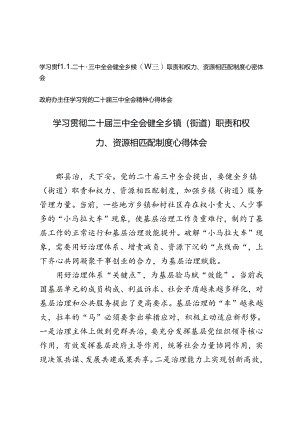 2024年学习贯彻二十届三中全会职责和权力、资源相匹配制度心得体会+政府办主任学习党的二十届三中全会精神心得体会.docx