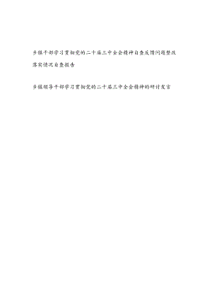 乡镇干部学习贯彻党的二十届三中全会精神自查反馈问题整改落实情况自查报告和乡镇领导干部学习贯彻党的二十届三中全会精神的研讨发言.docx