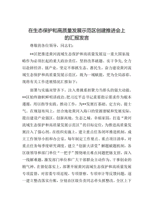 在生态保护和高质量发展示范区创建推进会上的汇报发言.docx