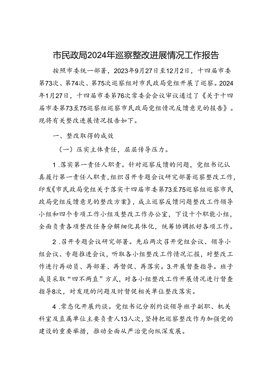 市民政局2024年巡察整改进展情况工作报告.docx_第1页