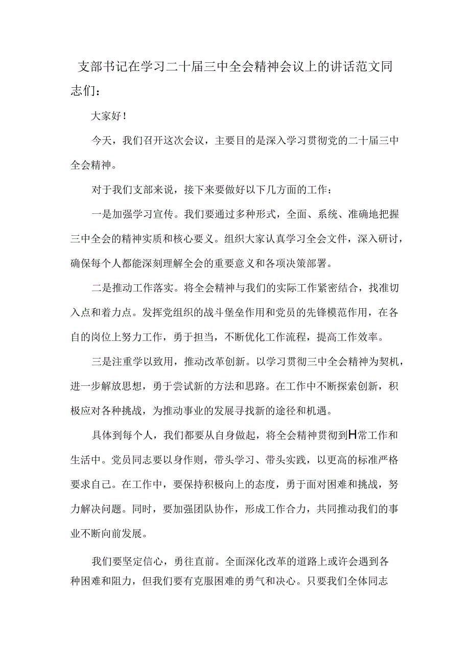 支部书记在学习二十届三中全会精神会议上的讲话范文.docx_第1页
