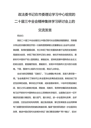 政法委书记在市委理论学习中心组党的二十届三中全会精神集体学习研讨会上的交流发言.docx