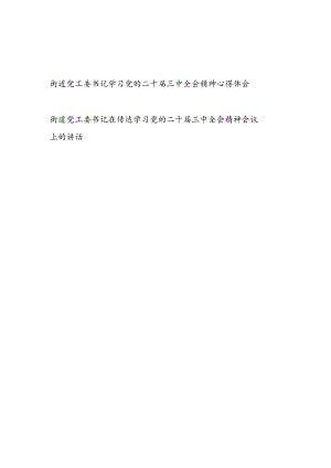 街道党工委书记学习党的二十届三中全会精神心得体会和传达学习党的二十届三中全会精神会议上的讲话.docx
