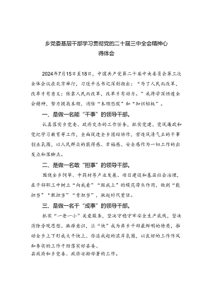 乡党委基层干部学习贯彻党的二十届三中全会精神心得体会（共8篇）.docx
