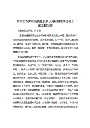 在生态保护和高质量发展示范区创建推进会上的汇报发言.docx