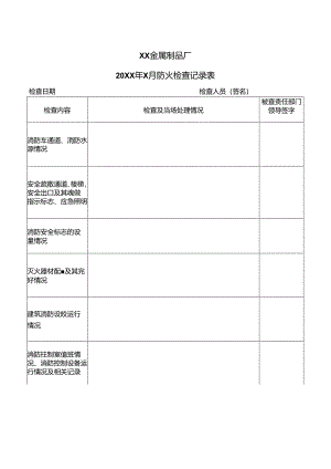 XX金属制品厂20XX年X月防火检查记录表（2024年）.docx