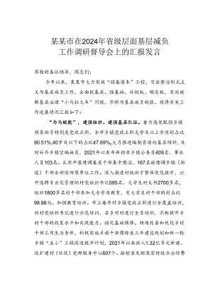 某某市在2024年省级层面基层减负工作调研督导会上的汇报发言.docx