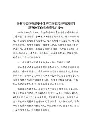关某市委巡察组安全生产工作专项巡察反馈问题整改工作完成情况的报告.docx