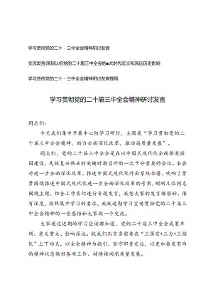 2024年学习贯彻党的二十届三中全会精神研讨发言提纲交流发言.docx