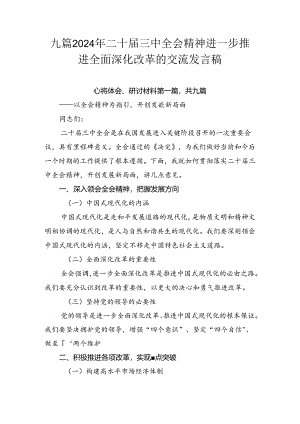 九篇2024年二十届三中全会精神进一步推进全面深化改革的交流发言稿.docx