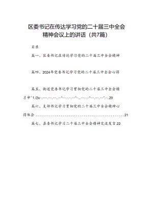 区委书记在传达学习党的二十届三中全会精神会议上的讲话7篇（最新版）.docx