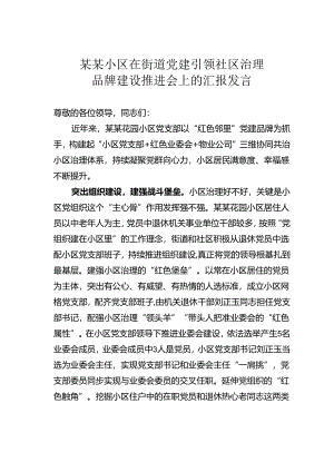 某某小区在街道党建引领社区治理品牌建设推进会上的汇报发言.docx
