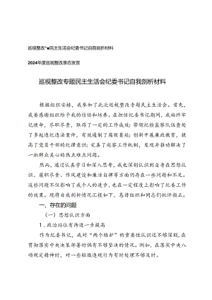 巡视整改专题民主生活会纪委书记自我剖析材料+2024年度巡视整改表态发言.docx