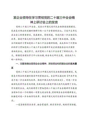 某企业领导在学习贯彻党的二十届三中全会精神上研讨会上的发言.docx