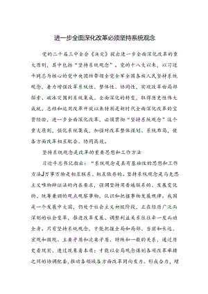 学习二十届三中全会进一步全面深化改革必须坚持系统观念专题研讨发言.docx