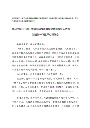 学习贯彻二十届三中全会精神统筹推进教育科技人才体制机制一体改革心得体会（附在敢于斗争善于斗争中凝聚奋进伟力党课讲稿）.docx