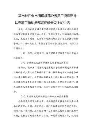 某市长在全市清理规范公务员工资津贴补贴专项工作动员部署视频会议上的讲话1.docx