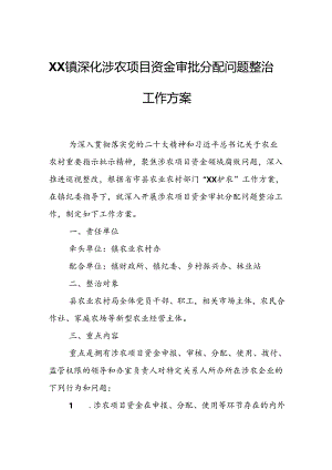 XX镇深化涉农项目资金审批分配问题整治工作方案.docx
