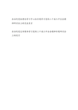 在法院党组理论学习中心组和党支部集体学习专题学习党的二十届三中全会精神研讨会上的交流发言2篇.docx