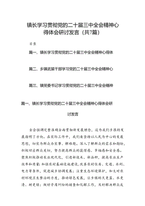 镇长学习贯彻党的二十届三中全会精神心得体会研讨发言7篇（精选版）.docx