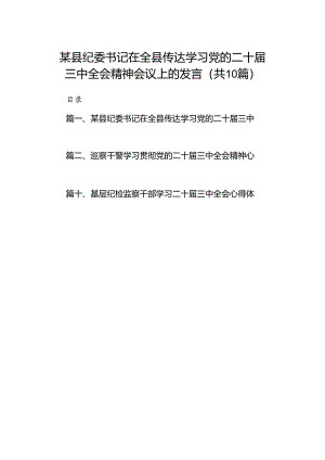 （10篇）某县纪委书记在全县传达学习党的二十届三中全会精神会议上的发言范文.docx