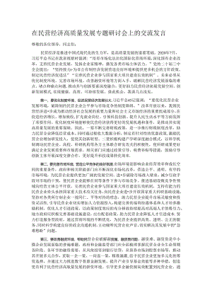 在民营经济高质量发展专题研讨会上的交流发言.docx
