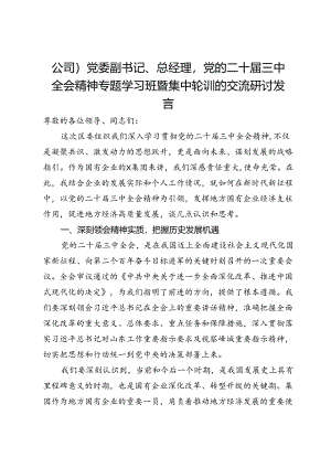 公司党委副书记、总经理党的二十届三中全会精神专题学习班暨集中轮训的交流研讨发言.docx