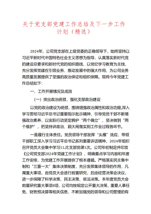 关于党支部党建工作总结及下一步工作计划（精选）.docx