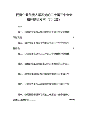 （10篇）民营企业负责人学习党的二十届三中全会精神研讨发言（精选）.docx