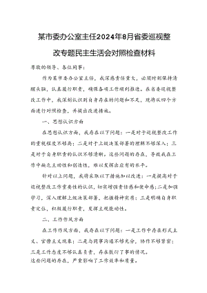 某市委办公室主任2024年8月省委巡视整改专题民主生活会对照检查材料.docx
