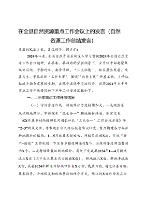 在全县自然资源重点工作会议上的发言（自然资源工作总结发言）.docx