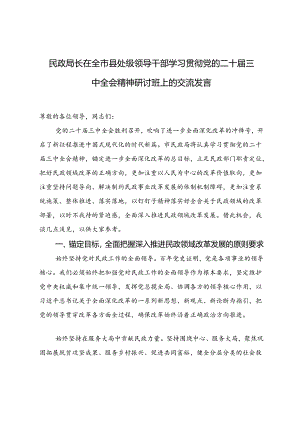 民政局长在全市县处级领导干部2024年学习贯彻党的二十届三中全会精神研讨班上的交流发言.docx