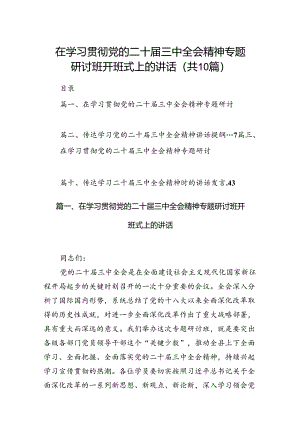 （10篇）在学习贯彻党的二十届三中全会精神专题研讨班开班式上的讲话范文.docx