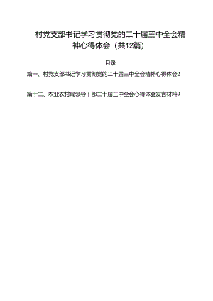 村党支部书记学习贯彻党的二十届三中全会精神心得体会（共12篇）汇编.docx