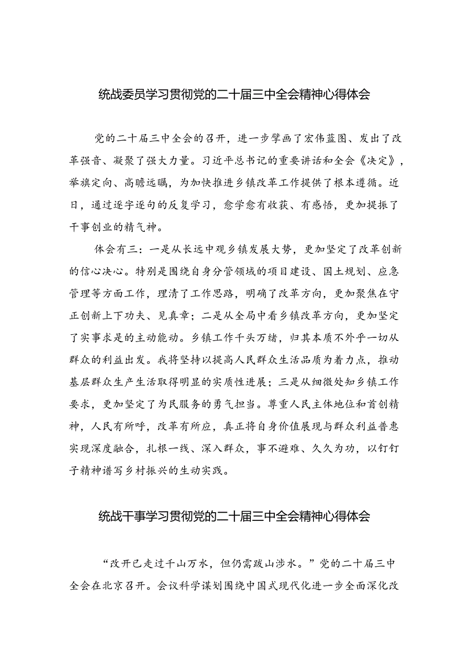 (9篇)统战委员学习贯彻党的二十届三中全会精神心得体会(精选).docx_第1页