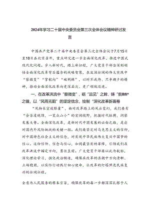 （9篇）2024年学习二十届中央委员会第三次全体会议精神研讨发言范文.docx