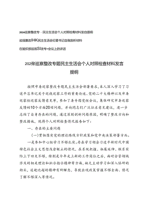 巡察整改专题民主生活会个人对照检查材料发言提纲、纪委书记自我剖析材料、在组织部巡视整改专题会议上的讲话.docx