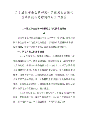 二十届三中全会精神进一步推进全面深化改革阶段性总结简报附工作经验.docx