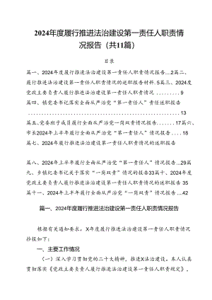 (11篇)2024年度履行推进法治建设第一责任人职责情况报告范文.docx