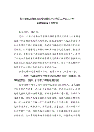 （9篇）某县委统战部部长在全县传达学习党的二十届三中全会精神会议上的发言范文.docx