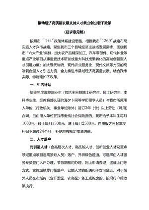 推动经济高质量发展支持人才就业创业若干政策（征求意见稿）.docx