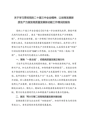 2024年学习贯彻党的二十届三中全会精神以培育发展新质生产力激发高质量发展新动能工作情况的报告.docx