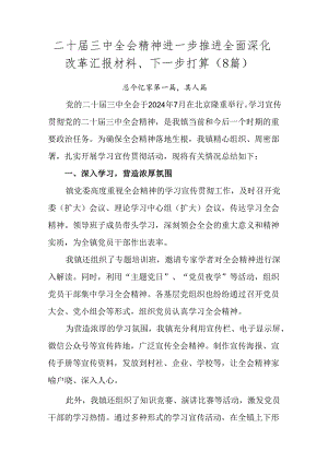 二十届三中全会精神进一步推进全面深化改革汇报材料、下一步打算（8篇）.docx