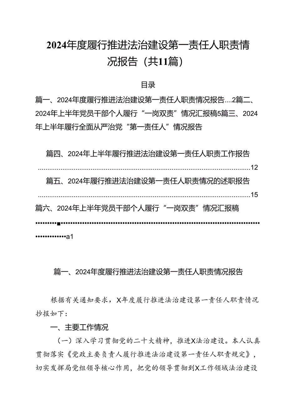 (11篇)2024年度履行推进法治建设第一责任人职责情况报告(最新版).docx_第1页
