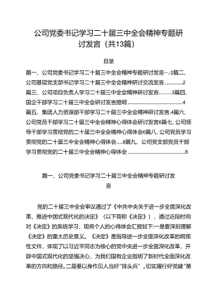 （13篇）公司党委书记学习二十届三中全会精神专题研讨发言（精选）.docx