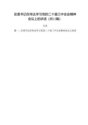 区委书记在传达学习党的二十届三中全会精神会议上的讲话12篇（最新版）.docx