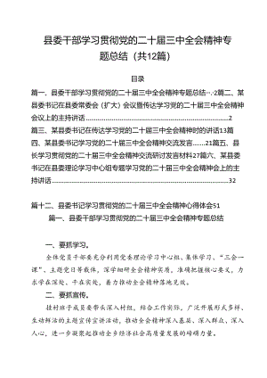 县委干部学习贯彻党的二十届三中全会精神专题总结12篇（详细版）.docx