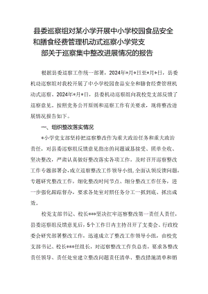 县委巡察组对某小学开展中小学校园食品安全和膳食经费管理机动式巡察小学党支部关于巡察集中整改进展情况的报告.docx