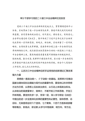 （9篇）审计干部学习党的二十届三中全会精神交流发言（精选）.docx